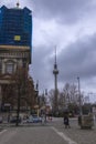 February 05, 2020: View of the Television Tower Fernsehturm in Berlin from Alexander Platz. The famous TV towe